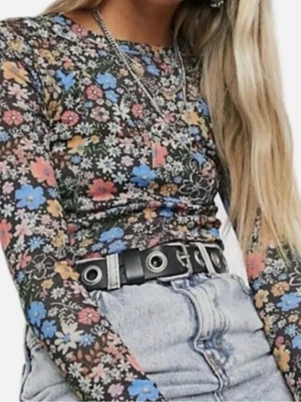 TOPSHOP | Flower Print Mesh Long Sleeve T-Shirt
